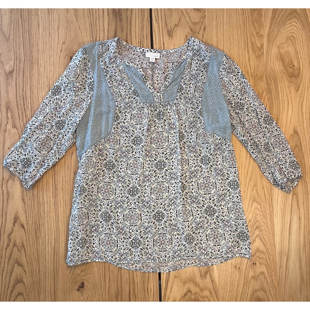 J. Jill Patterned V-Neck Blouse Womens Size S Petite Blue‎ Boho Mixed Print Top